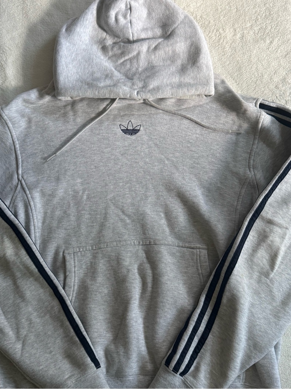 Adidas Men’s Light Gray Hoodie with Navy Stripes